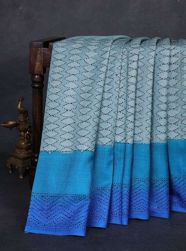 Mint Blue - Blue Pure Tussar Silk Kantha Embroidery Saree