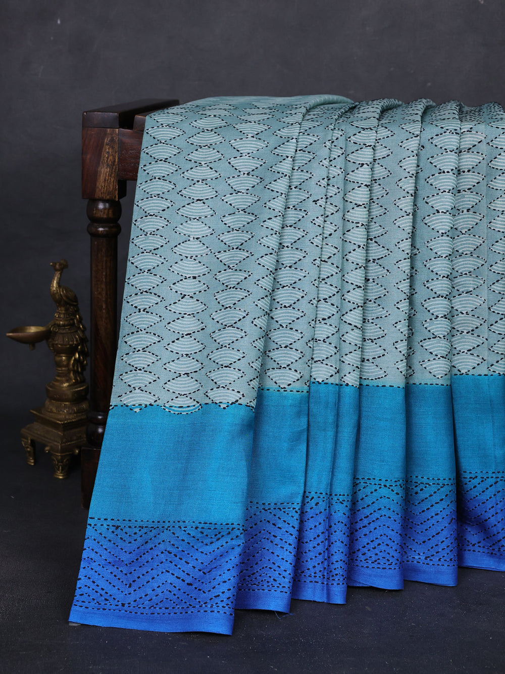 Mint Blue - Blue Pure Tussar Silk Kantha Embroidery Saree