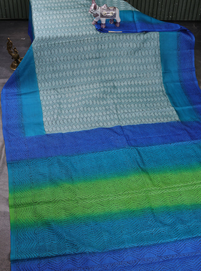 Mint Blue - Blue Pure Tussar Silk Kantha Embroidery Saree