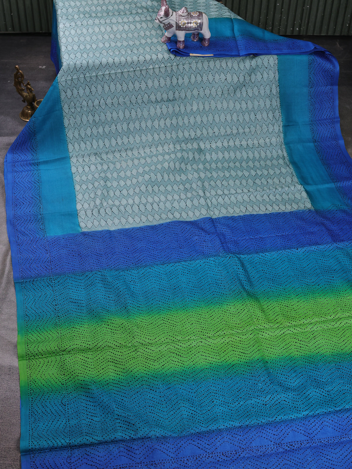 Mint Blue - Blue Pure Tussar Silk Kantha Embroidery Saree
