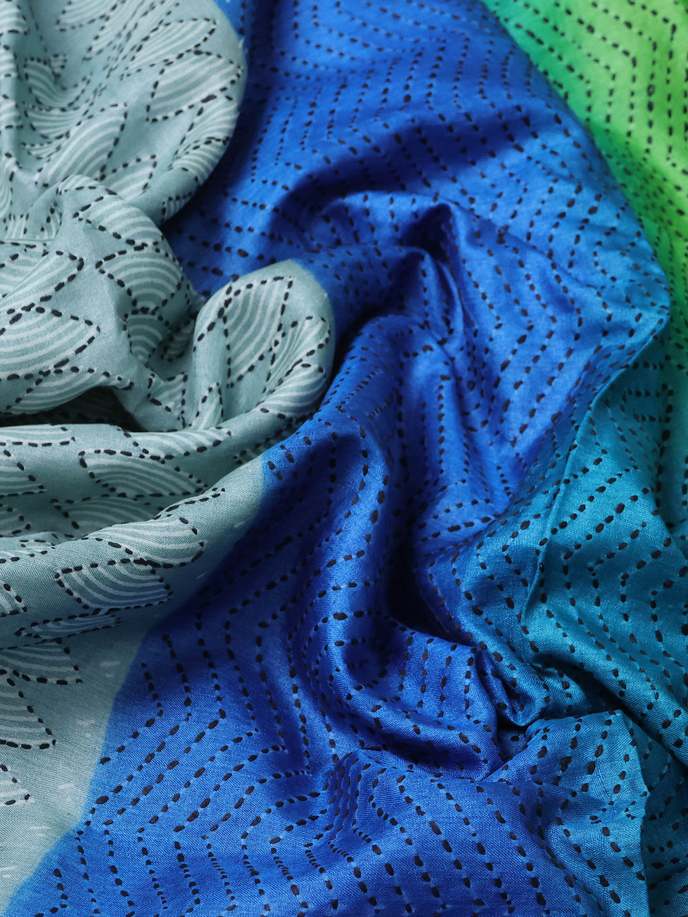 Mint Blue - Blue Pure Tussar Silk Kantha Embroidery Saree