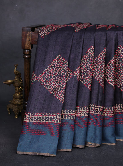 Black - Blue Pure Tussar Silk Kantha Embroidery Saree