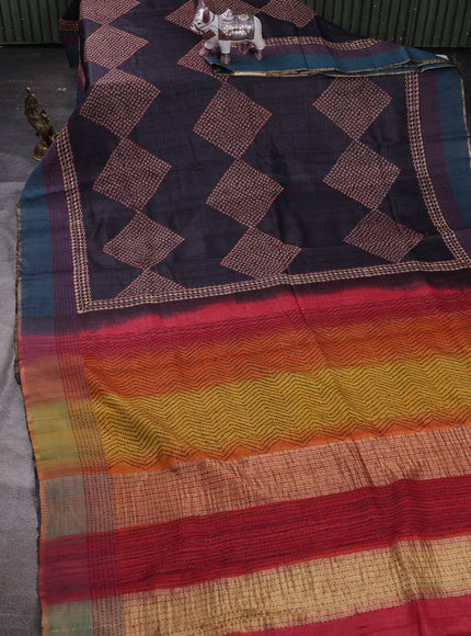 Black - Blue Pure Tussar Silk Kantha Embroidery Saree