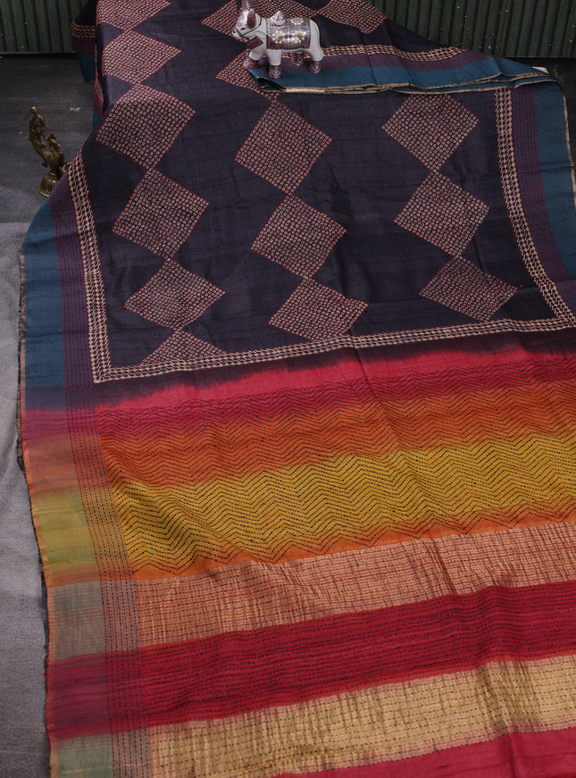 Black - Blue Pure Tussar Silk Kantha Embroidery Saree
