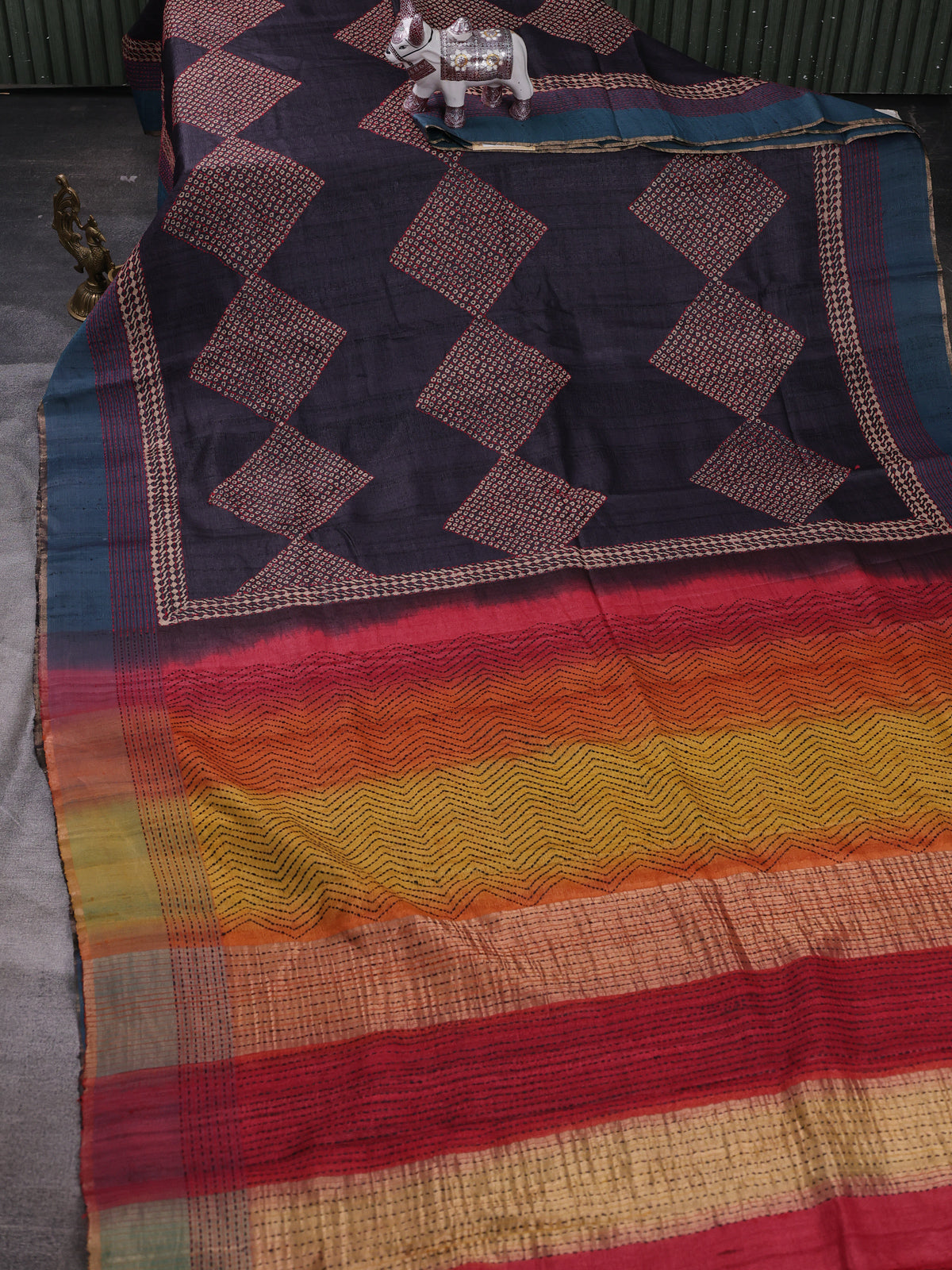 Black - Blue Pure Tussar Silk Kantha Embroidery Saree