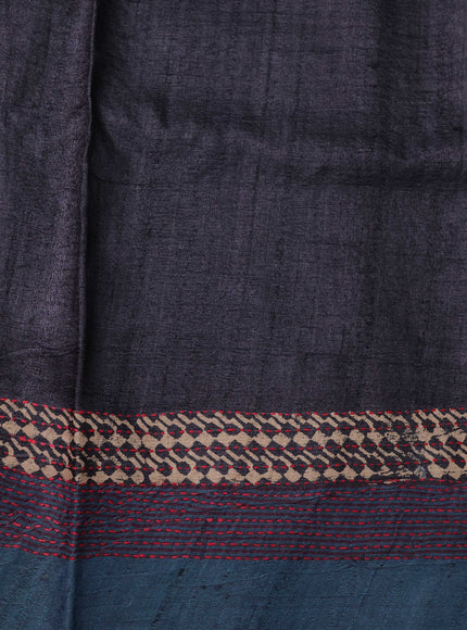 Black - Blue Pure Tussar Silk Kantha Embroidery Saree