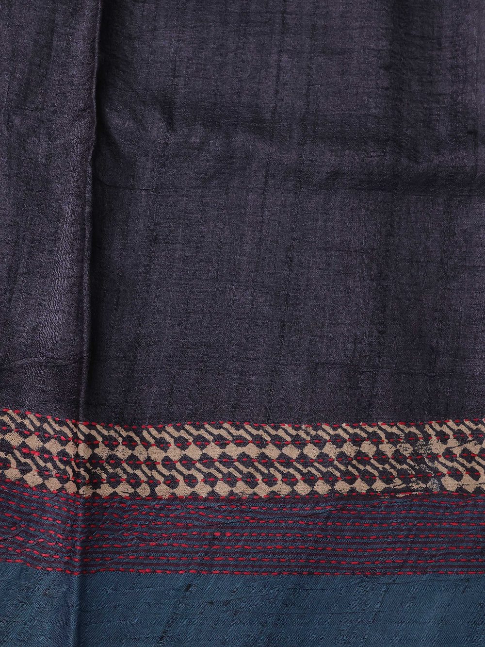 Black - Blue Pure Tussar Silk Kantha Embroidery Saree