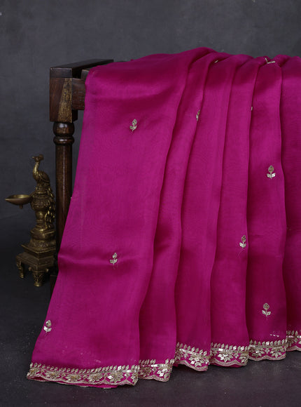 Rani Pink - Green Organza Embroidery Silk With Readymade Blouse