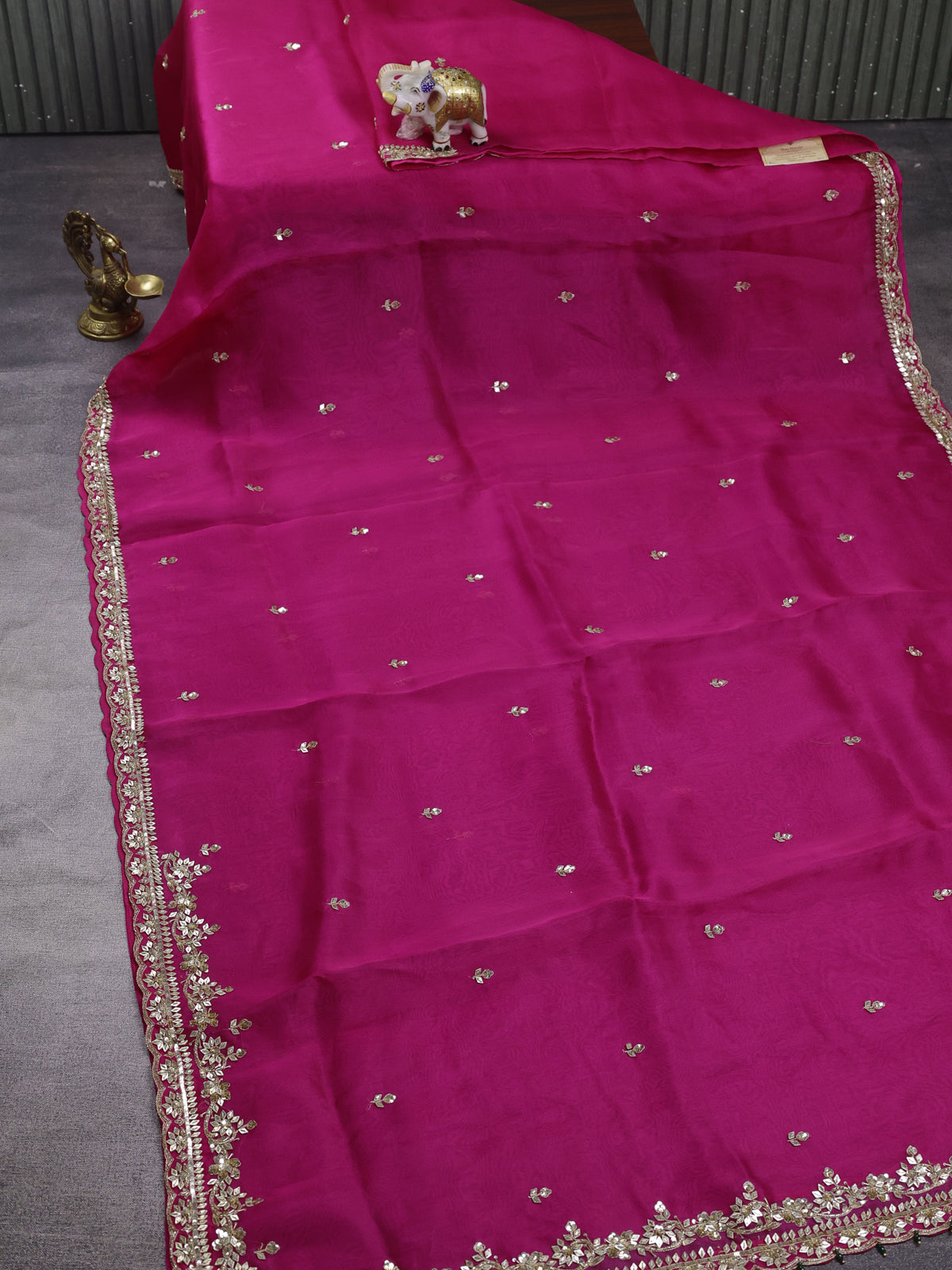 Rani Pink - Green Organza Embroidery Silk With Readymade Blouse