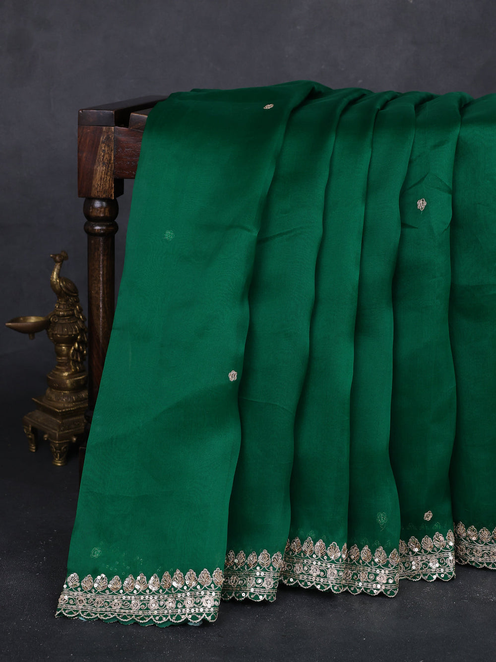 Green Organza Embroidery Silk With Readymade Blouse