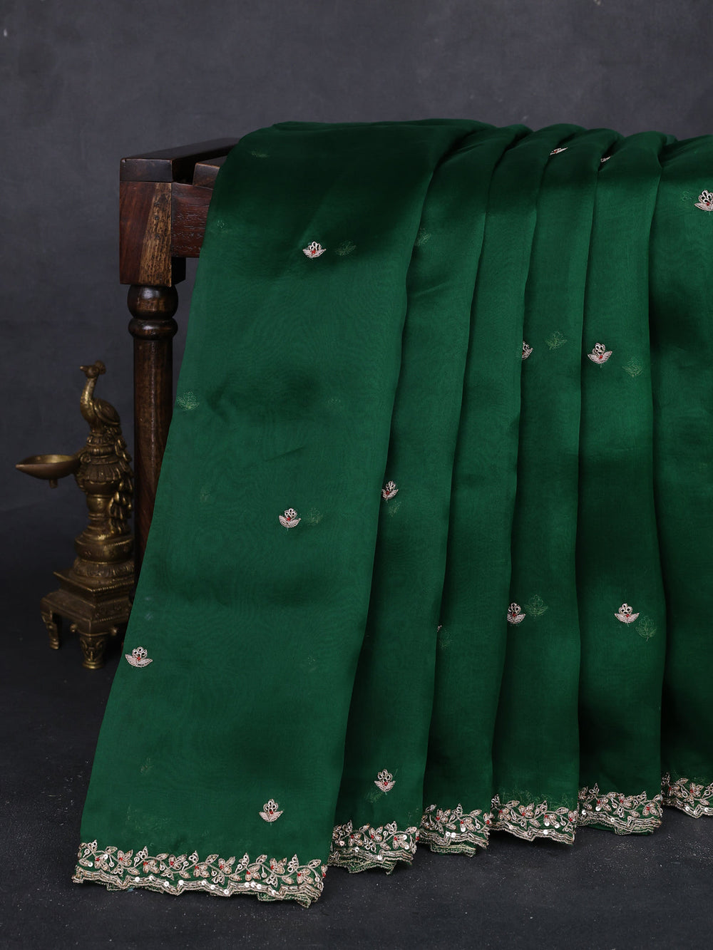 Green - Red Organza Embroidery Silk With Readymade Blouse