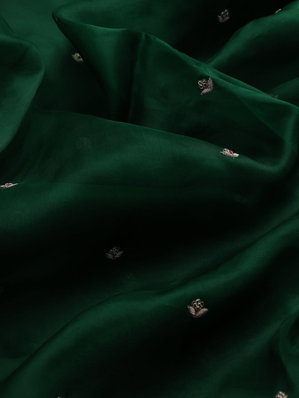 Green - Red Organza Embroidery Silk With Readymade Blouse