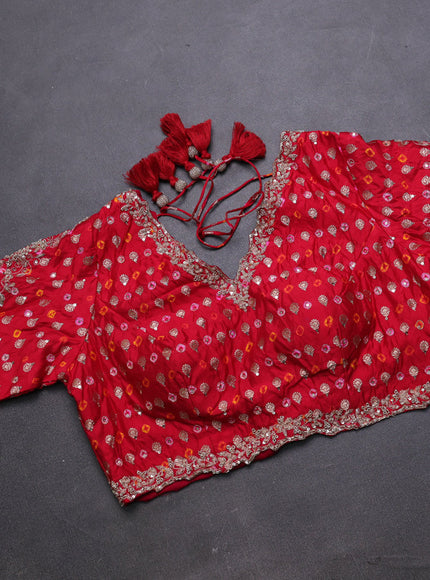 Green - Red Organza Embroidery Silk With Readymade Blouse
