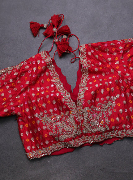 Green - Red Organza Embroidery Silk With Readymade Blouse