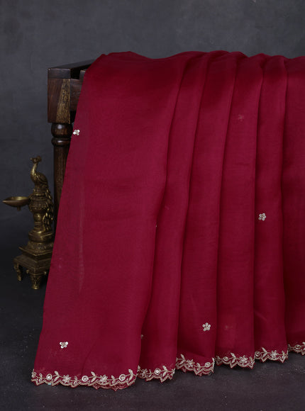 Red - Blue Organza Embroidery Silk With Readymade Blouse