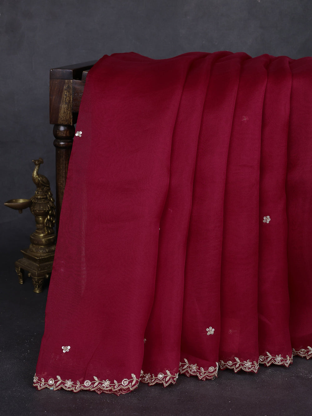 Red - Blue Organza Embroidery Silk With Readymade Blouse