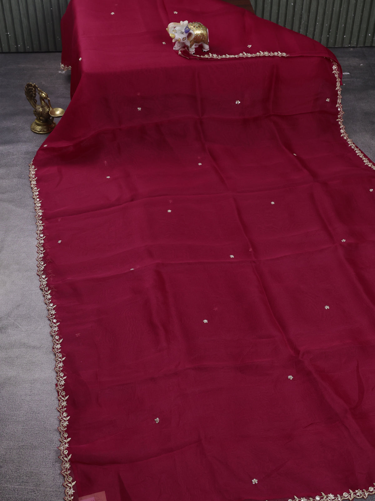 Red - Blue Organza Embroidery Silk With Readymade Blouse