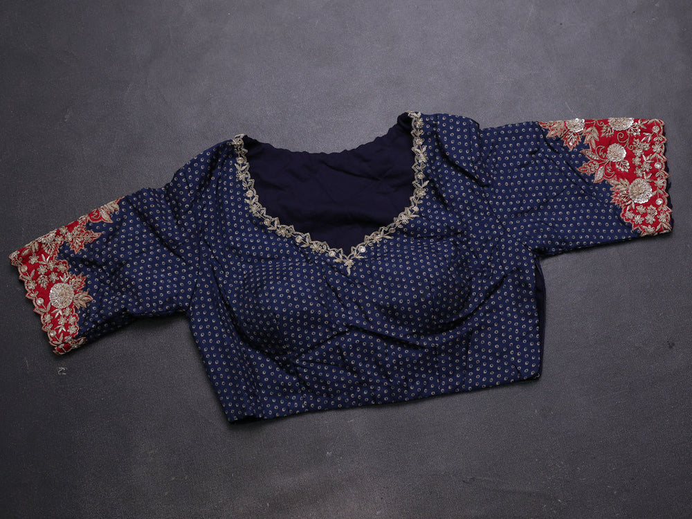 Red - Blue Organza Embroidery Silk With Readymade Blouse