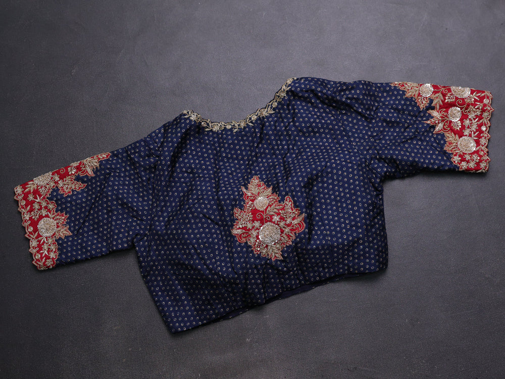 Red - Blue Organza Embroidery Silk With Readymade Blouse
