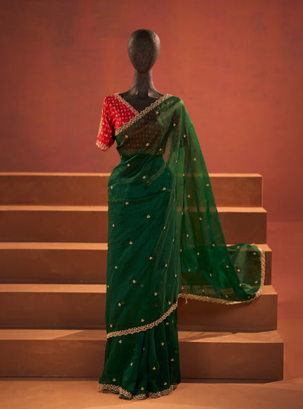 Green - Red Organza Embroidery Silk With Readymade Blouse