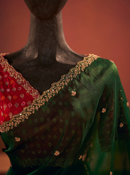 Green - Red Organza Embroidery Silk With Readymade Blouse