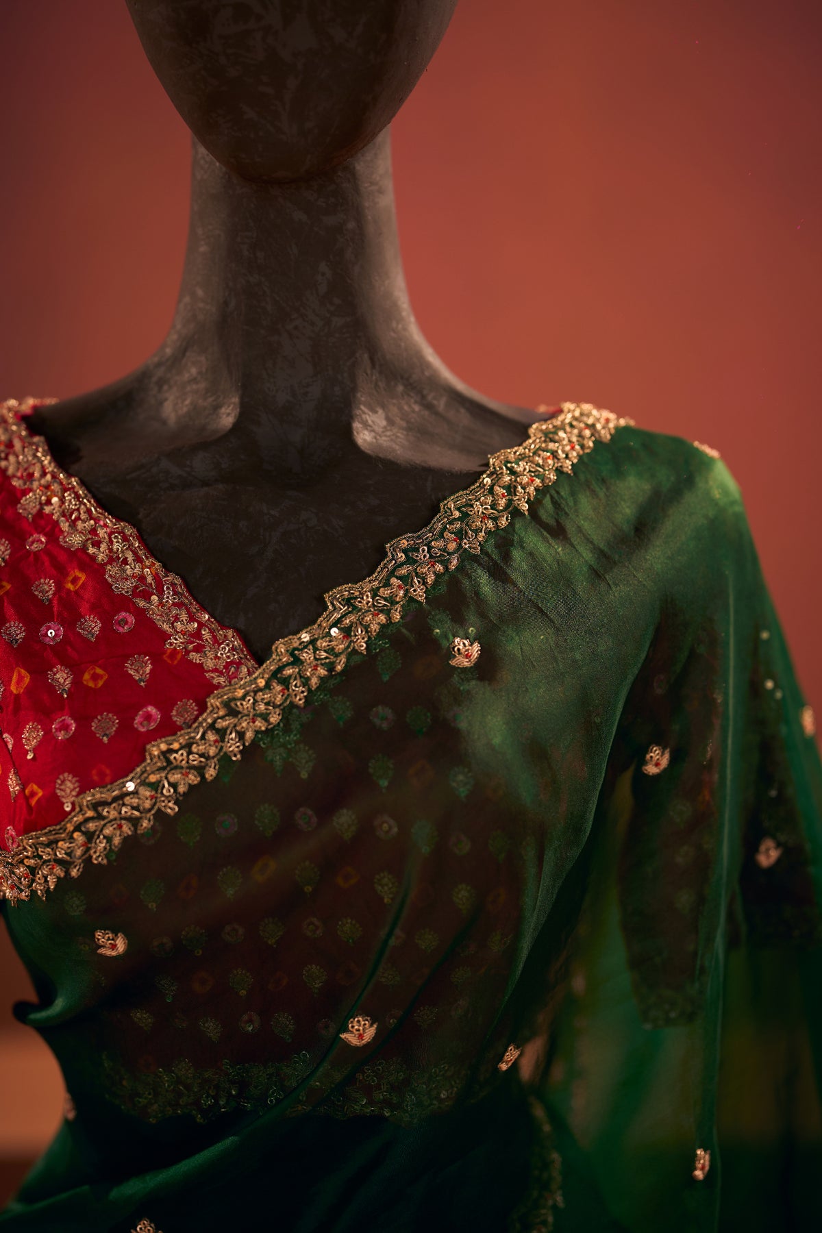 Green - Red Organza Embroidery Silk With Readymade Blouse