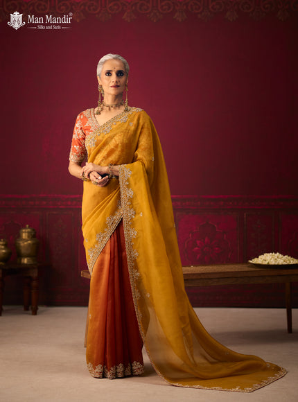 Rust Ombre Organza Embroidery Silk Saree With Readymade Blouse