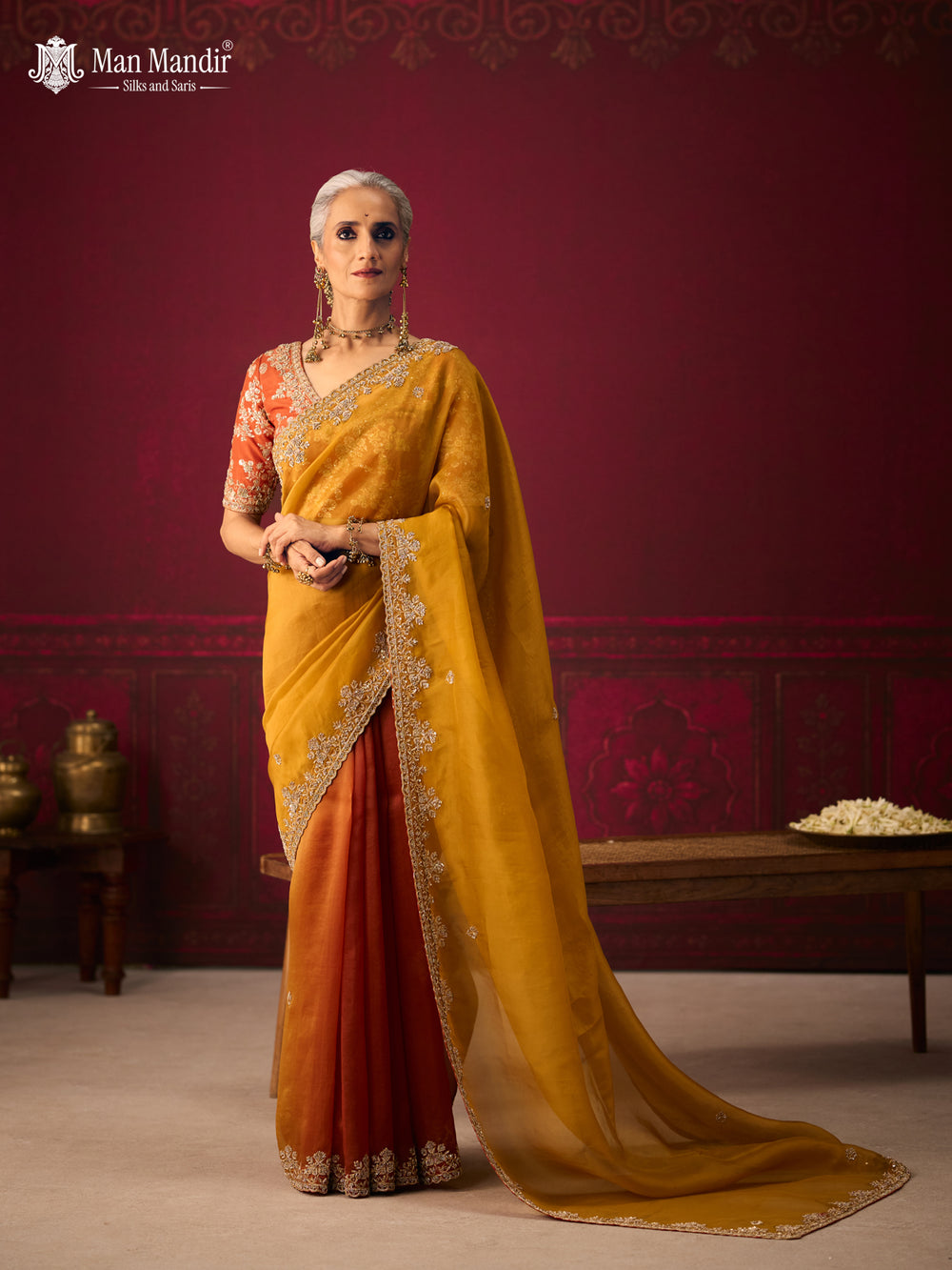 Rust Ombre Organza Embroidery Silk Saree With Readymade Blouse