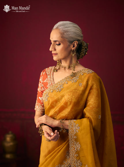 Rust Ombre Organza Embroidery Silk Saree With Readymade Blouse