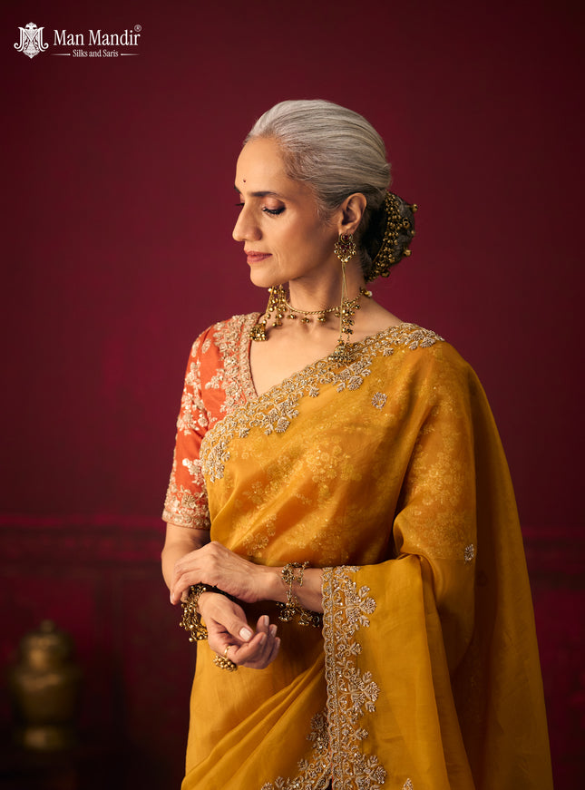 Rust Ombre Organza Embroidery Silk Saree With Readymade Blouse