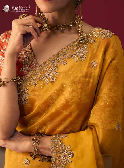Rust Ombre Organza Embroidery Silk Saree With Readymade Blouse