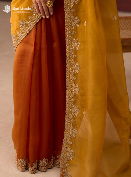 Rust Ombre Organza Embroidery Silk Saree With Readymade Blouse