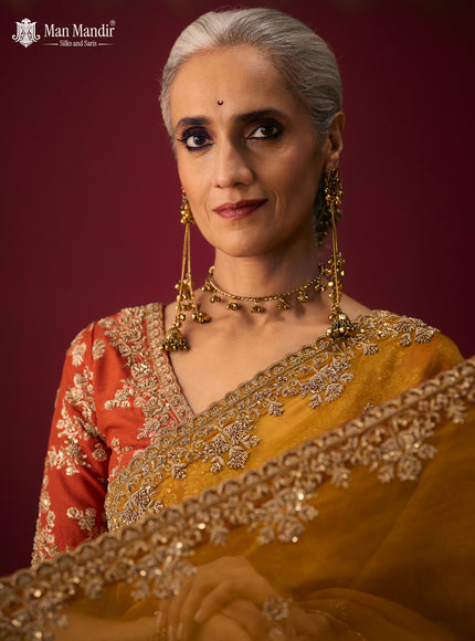 Rust Ombre Organza Embroidery Silk Saree With Readymade Blouse
