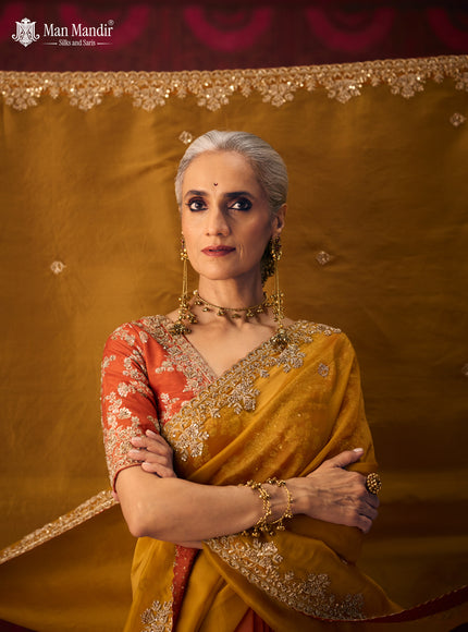 Rust Ombre Organza Embroidery Silk Saree With Readymade Blouse