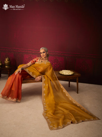 Rust Ombre Organza Embroidery Silk Saree With Readymade Blouse