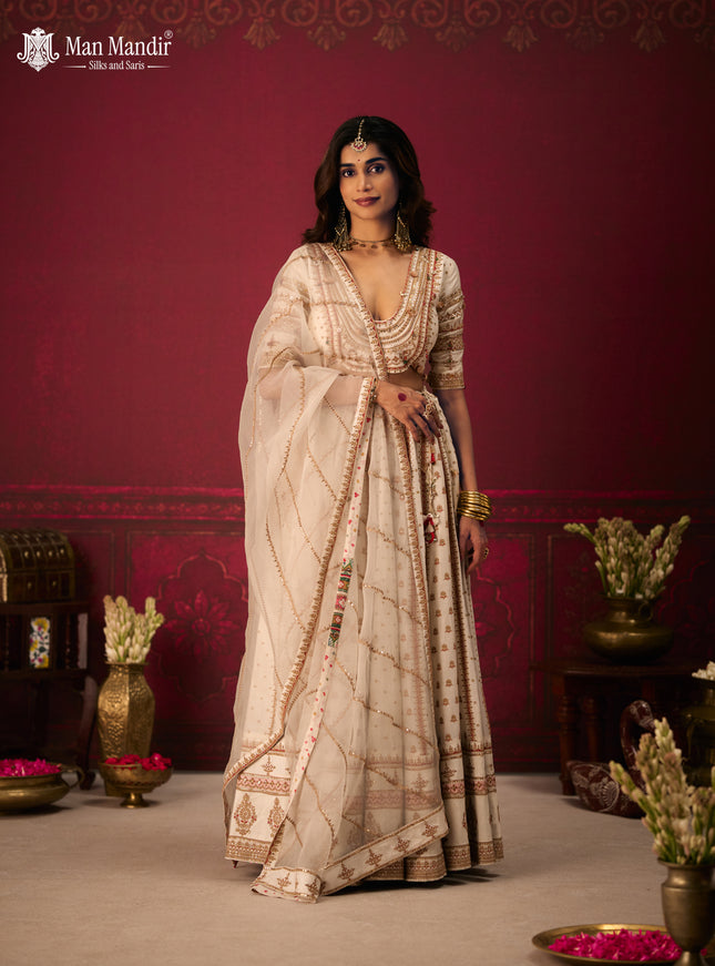 Off White Raw Silk Crop Top Lehenga Set With Allover Sequin Work And Embroidery
