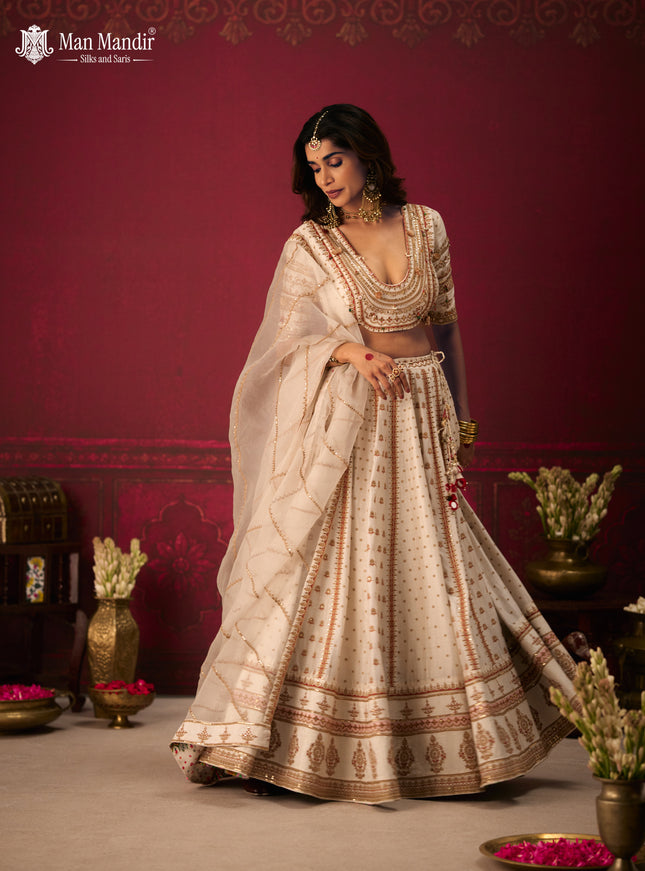 Off White Raw Silk Crop Top Lehenga Set With Allover Sequin Work And Embroidery
