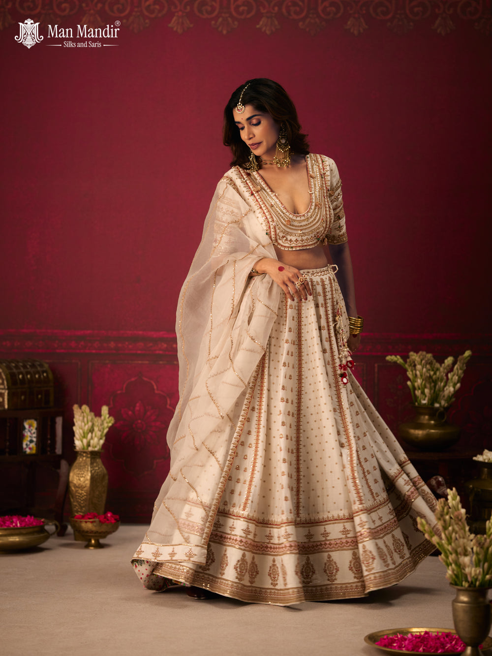 Off White Raw Silk Crop Top Lehenga Set With Allover Sequin Work And Embroidery
