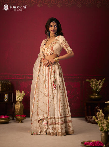 Off White Raw Silk Crop Top Lehenga Set With Allover Sequin Work And Embroidery