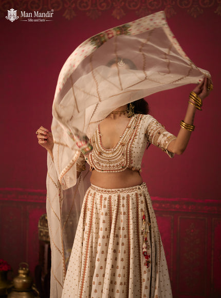 Off White Raw Silk Crop Top Lehenga Set With Allover Sequin Work And Embroidery