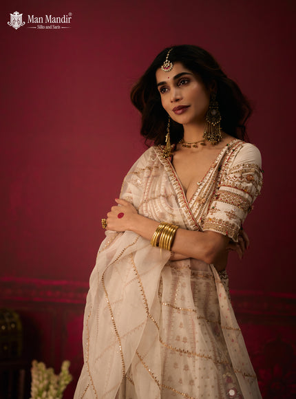 Off White Raw Silk Crop Top Lehenga Set With Allover Sequin Work And Embroidery