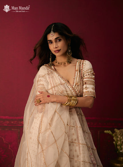 Off White Raw Silk Crop Top Lehenga Set With Allover Sequin Work And Embroidery
