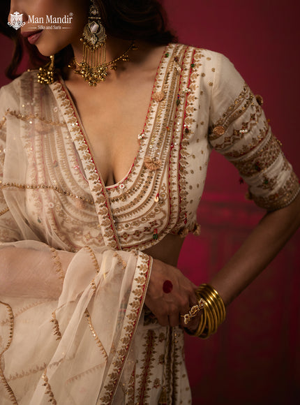 Off White Raw Silk Crop Top Lehenga Set With Allover Sequin Work And Embroidery