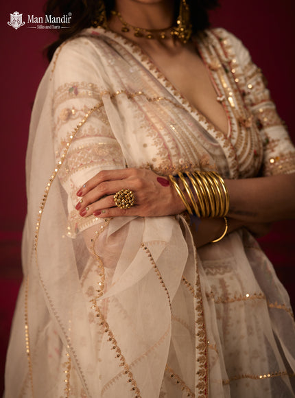 Off White Raw Silk Crop Top Lehenga Set With Allover Sequin Work And Embroidery