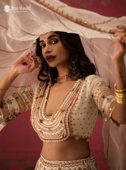 Off White Raw Silk Crop Top Lehenga Set With Allover Sequin Work And Embroidery