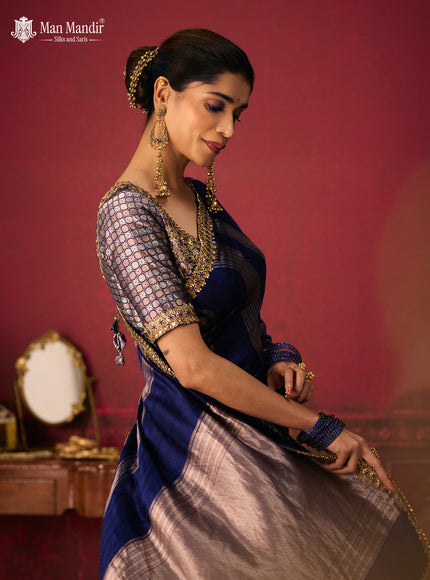 Blue Banarasi Embroidery Silk With Readymade Blouse