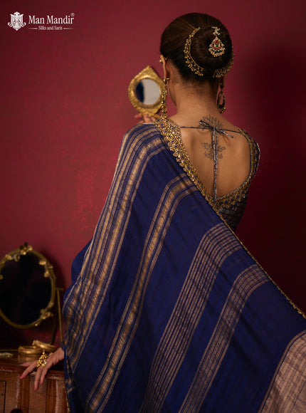 Blue Banarasi Embroidery Silk With Readymade Blouse