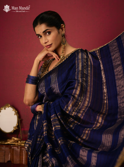 Blue Banarasi Embroidery Silk With Readymade Blouse