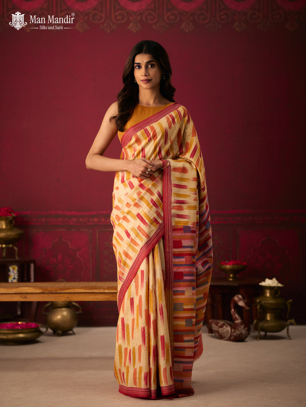 Multi Colour - Maroon Printed Tussar Silk With Kantha Embroidery Saree