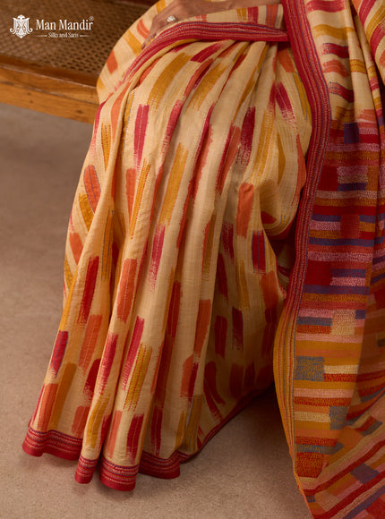 Multi Colour - Maroon Printed Tussar Silk With Kantha Embroidery Saree